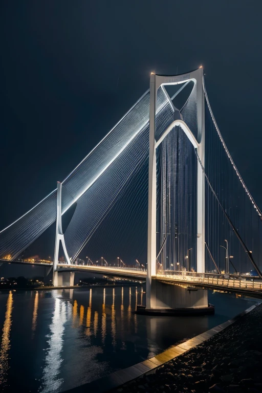 ((best qualityer)), ((work of art)), (detailded)a cable-stayed bridge at night with rain and lightning