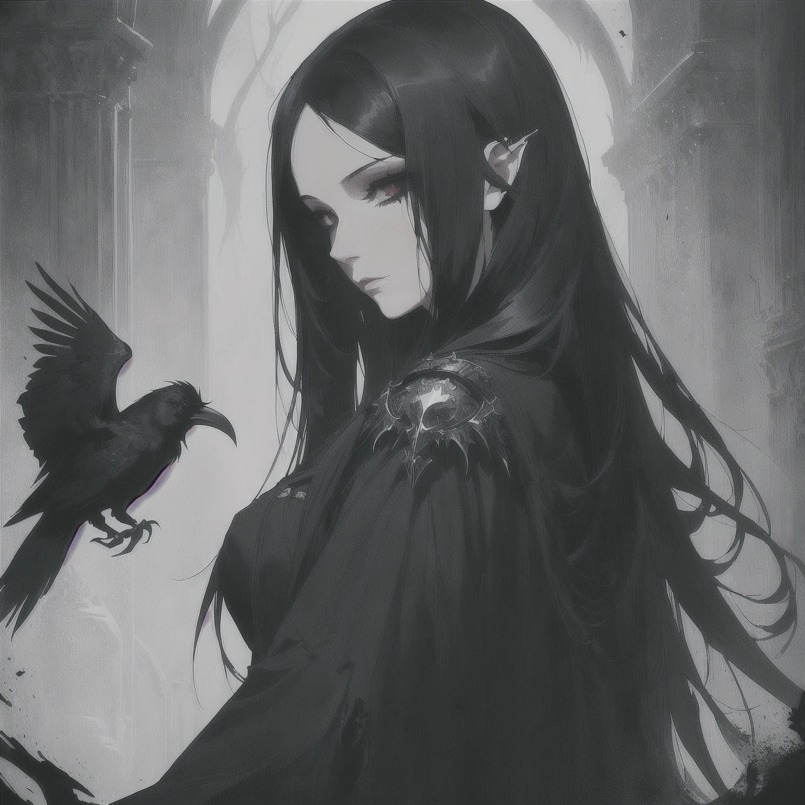 a woman with long black hair and a raven on her shoulder, dark fantasy style art, dark fantasy character design, dark fantasy art, in style of dark fantasy art, dark fantasy style, dark witch character, dark sorceress, dark fantasy mixed with realism, dark witch, gothic fantasy art, a beautiful sorceress, dark fantasy concept art, beautiful sorceress