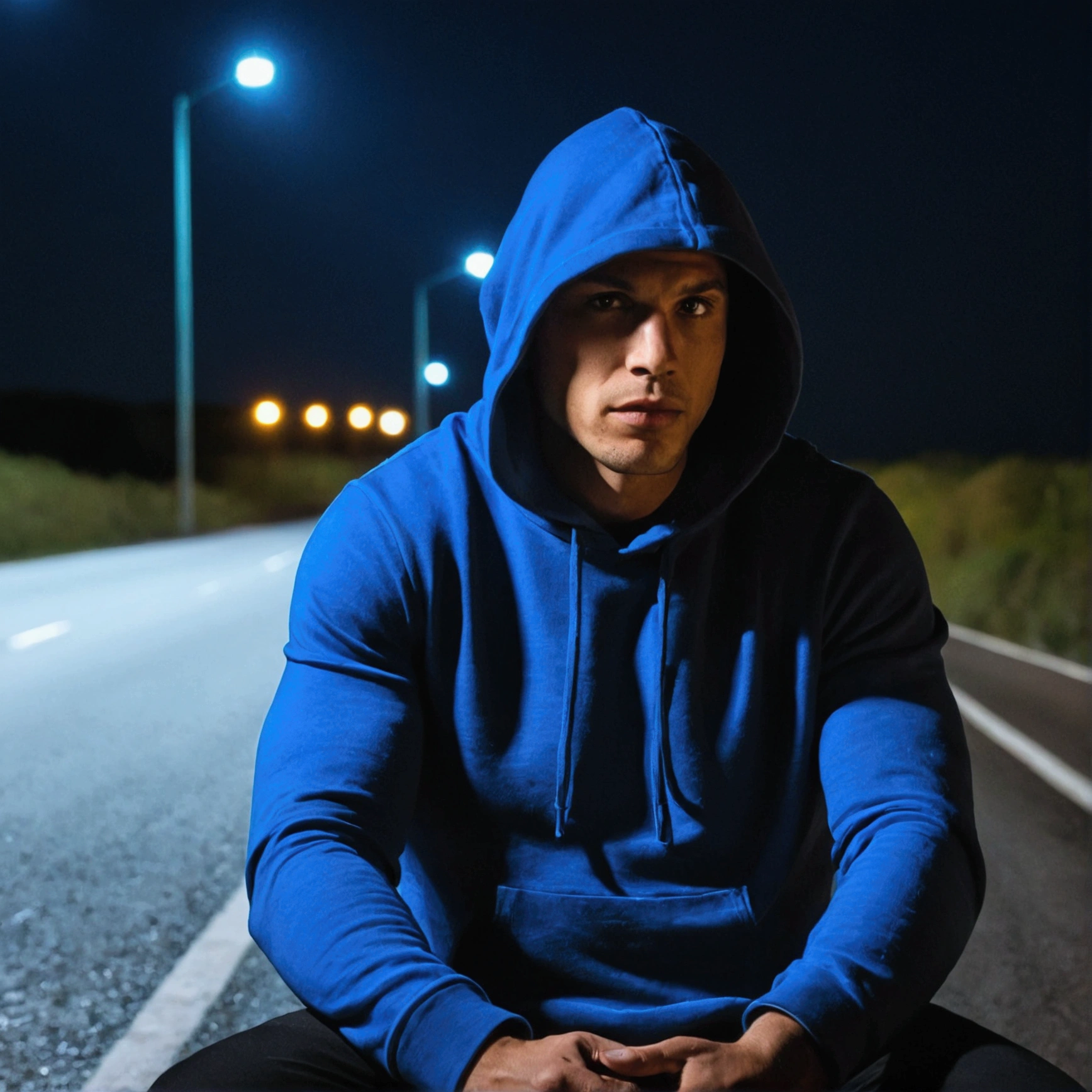 Homme déprimé en sweat à capuche noir, Personne assise sur le bord de la route la nuit, Pense, avec leur visage invisible, Il y a une dominante bleue sur la photo, avec une clope dans la bouche