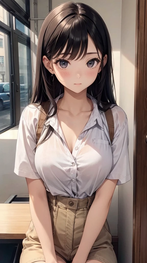 (((Enlarged view of the face)))､alone, 1 girl, masterpiece, highest quality, very detailed, cinematic lighting, intricate details, High resolution, official art, beautiful detailed face and eyes, High resolutionのイラスト, 8k, dark intense shadow, exposed, [blonde hair/brown hair], single edge, black eye, Lonely, sitting in a chair, Upper body, big breasts, white shirt, yellow suspenders, Book_stack, library, ((vine)), Rose, looking at the viewer､(((Enlarged view of the face)))