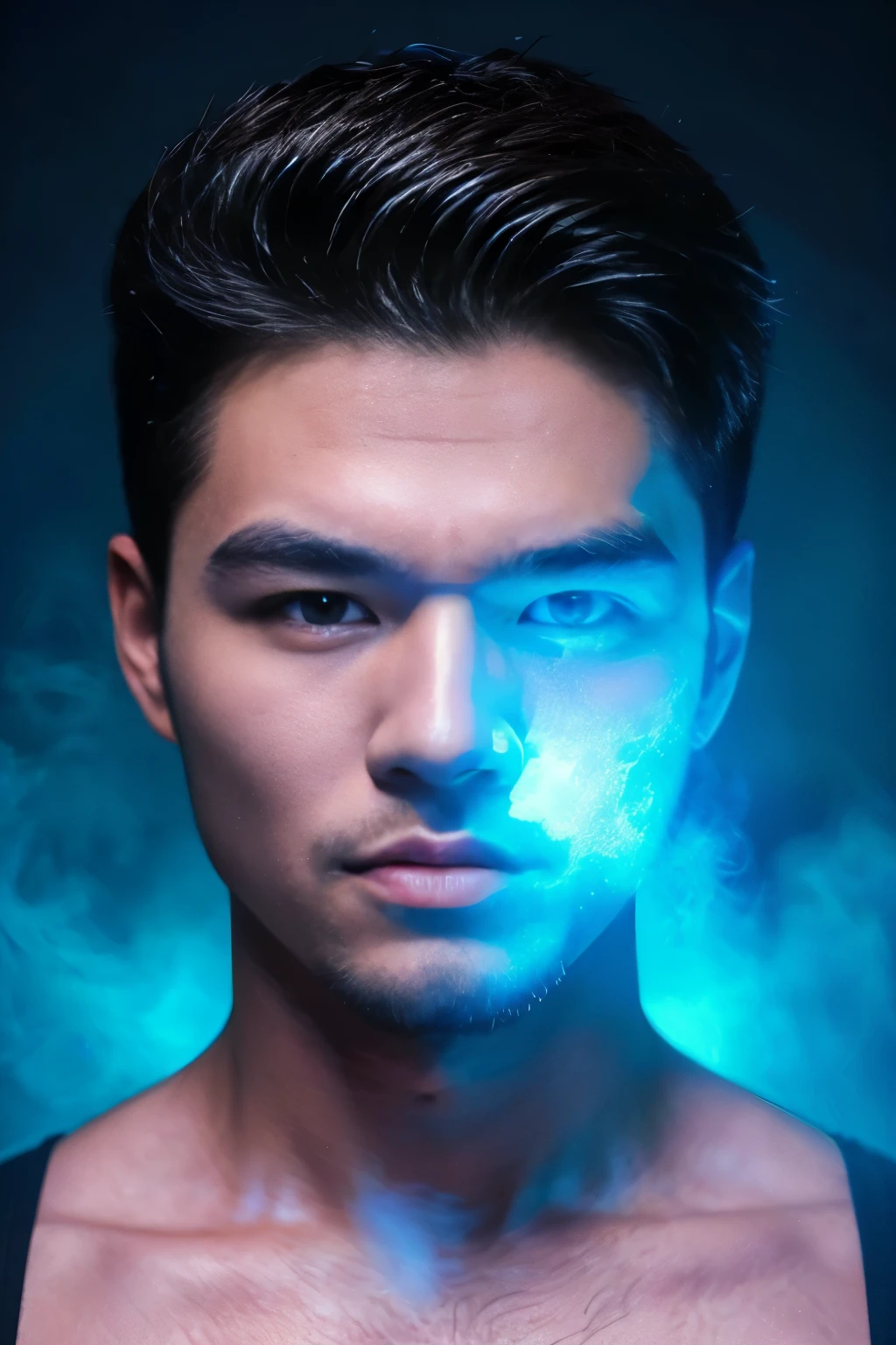 A chinese man with blue mists surrounding his eyes. Hunky, beefy, muscled, wide, hunkt. There's a unnatural diamond-blue glow in his eyes