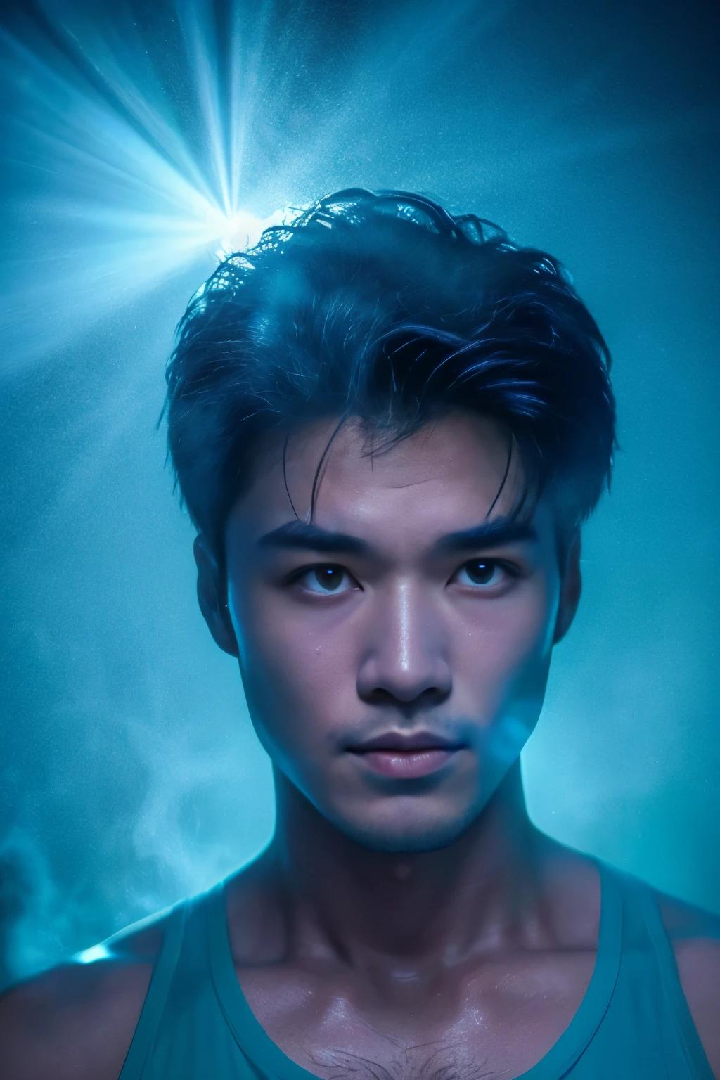 A chinese man with blue mists surrounding his eyes. Hunky, beefy, muscled, wide, hunkt. There's a unnatural diamond-blue glow in his eyes