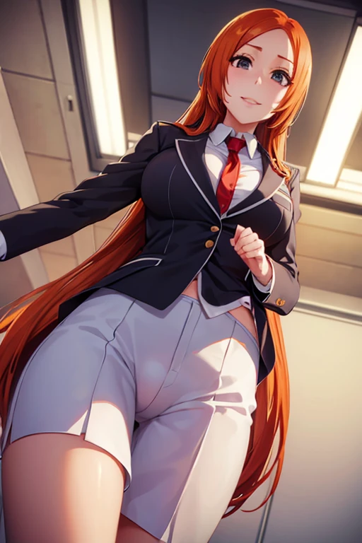 (((Standing posture)))、((Shiny underwear)))、Uniform Blazer、Beautiful beauty、Long Orange Hair、((whole body))、(((Photo taken from below)))、School、classroom、Large Breasts、Large Breastsのスカート、Panties are black、Japanese、expensive、Long limbs、18-year-old、Orihime Inoue、A beautiful nose like a model、Please put your hands on your hips、Natural smile、Sexy pose