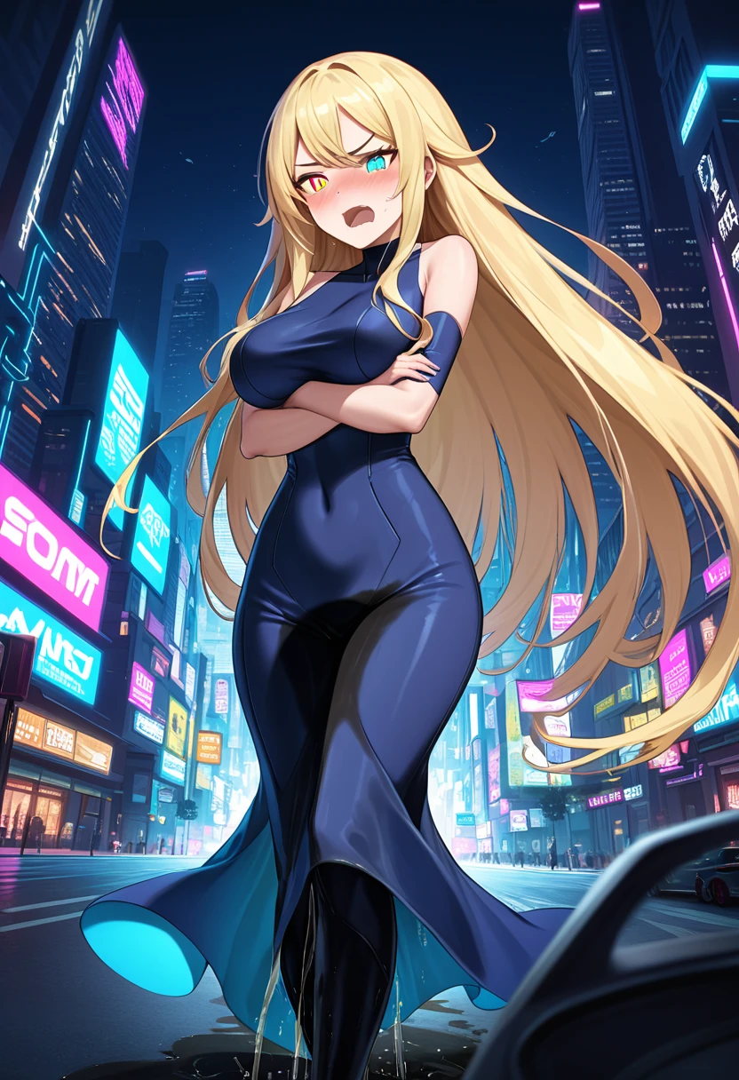 (high quality,Very detailed:1.37, High resolution), Woman, (very long hair:1.5), blonde hair, (multicolored eyes:1.5), blue eyes, yellow eyes, large breasts, (wetting herself:2.0), standing, very light blue dress, (very long tight dress:1.5), (arms crossed:1.5), (embarrassed:1.5), (humiliation:1.5), (angry:1.25), (blushing:1.5), open mouth, Cyberpunk Style, Cyberpunk Cityscape, Neon Light, High-tech accessories, Meticulous details, (extremely detailed eys:1.37), Glowing LED pattern, Urban scenery, Futuristic elements, Mysterious Aura, ,Flying cars racing through the air, Holographic Advertising, Visually stunning architecture, Energetic and dynamic poses, Gives off a powerful aura, The cityscape reflected in her metallic eyes, Graceful movement amidst chaos, A moonlit sky with a futuristic hue, Pulsating Electronic Soundtrack, Enhanced Augmented Reality Overlays, Interacting with virtual objects in the environment