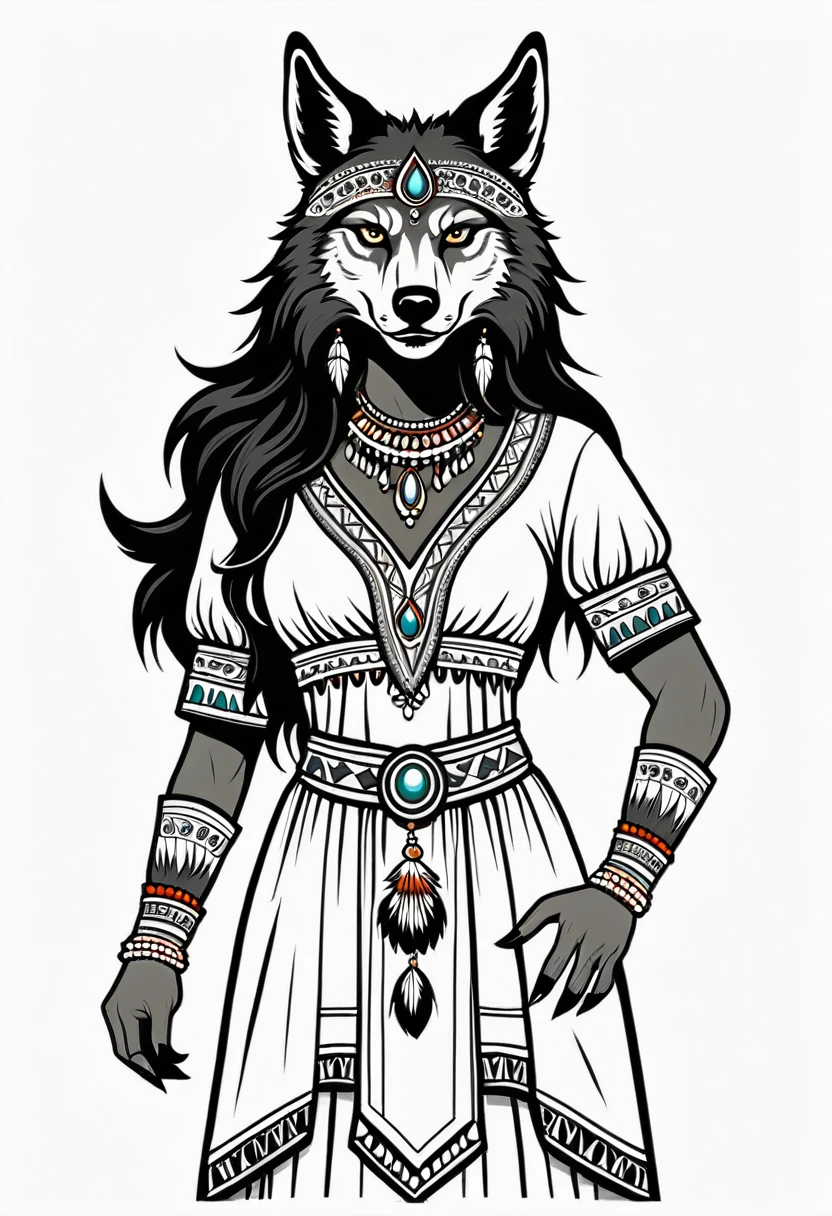 female werewolf in indian folk costume, Vector graphics, strong outlines, white background, logo design