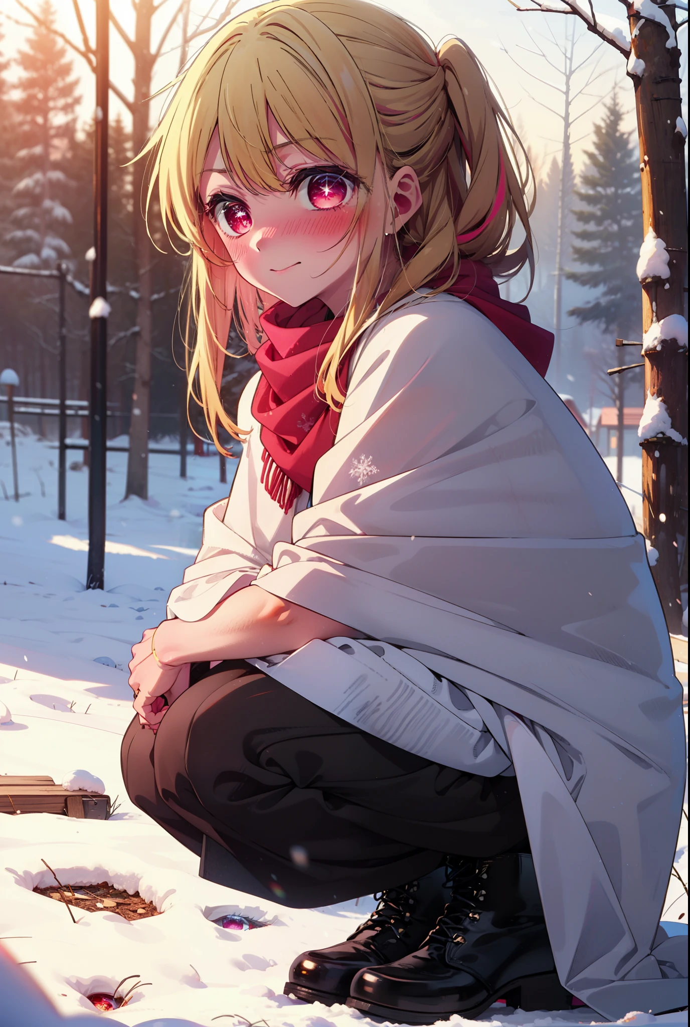 rubyhoshino, Hoshino Ruby, Long Hair, bangs, blonde, (Pink Eyes:1.3), Side Lock, (Symbol-shaped pupil:1.5), Multicolored Hair, Two-tone hair, smile,,smile,blush,white breath,
Open your mouth,snow,Ground bonfire, Outdoor, boots, snowing, From the side, wood, suitcase, Cape, Blurred, , forest, White handbag, nature,  Squat, Mouth closed, Cape, winter, Written boundary depth, Black shoes, red Cape break looking at viewer, Upper Body, whole body, break Outdoor, forest, nature, break (masterpiece:1.2), Highest quality, High resolution, unity 8k wallpaper, (shape:0.8), (Beautiful and beautiful eyes:1.6), Highly detailed face, Perfect lighting, Highly detailed CG, (Perfect hands, Perfect ???????),