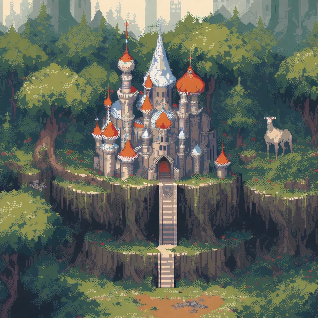 (work of art, best qualityer:1.2), pixel art,terrestrial space，Castle in the forest