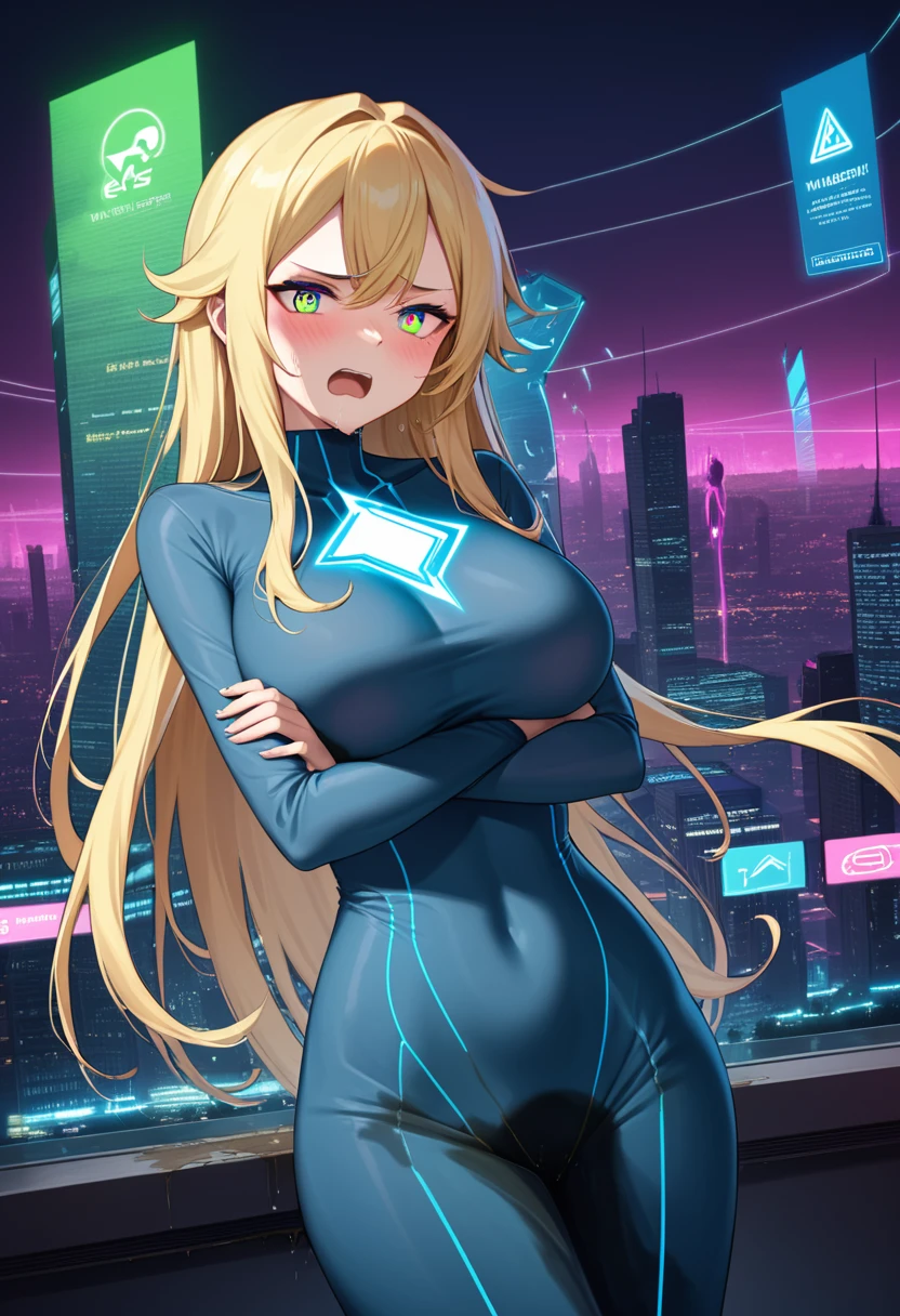 (high quality,Very detailed:1.37, High resolution), Woman, (very long hair:1.5), blonde hair, (multicolored eyes:1.5), blue eyes, yellow eyes, large breasts, (wetting herself:2.0), standing, light blue dress, (very long tight dress:1.5), (arms crossed:1.5), (embarrassed:1.5), (humiliation:1.5), (angry:1.25), (blushing:1.5), open mouth, Cyberpunk Style, Cyberpunk Cityscape, Neon Light, High-tech accessories, Meticulous details, (extremely detailed eys:1.37), Glowing LED pattern, Urban scenery, Futuristic elements, Mysterious Aura, ,Flying cars racing through the air, Holographic Advertising, Visually stunning architecture, Energetic and dynamic poses, Gives off a powerful aura, The cityscape reflected in her metallic eyes, Graceful movement amidst chaos, A moonlit sky with a futuristic hue, Pulsating Electronic Soundtrack, Enhanced Augmented Reality Overlays, Interacting with virtual objects in the environment