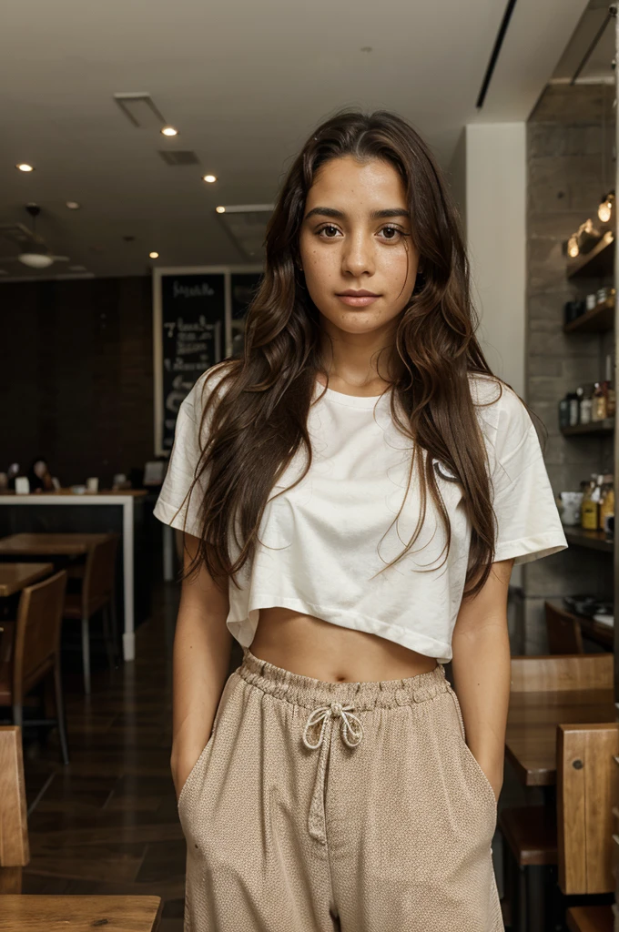 Colombian Portuguese girl mug with freckle on face in her twenties long curly hair dressed in big pants at restaurant