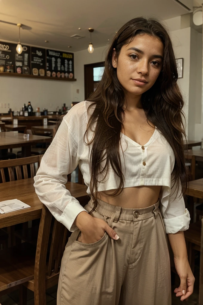 Colombian Portuguese girl mug with freckle on face in her twenties long curly hair dressed in big pants at restaurant
