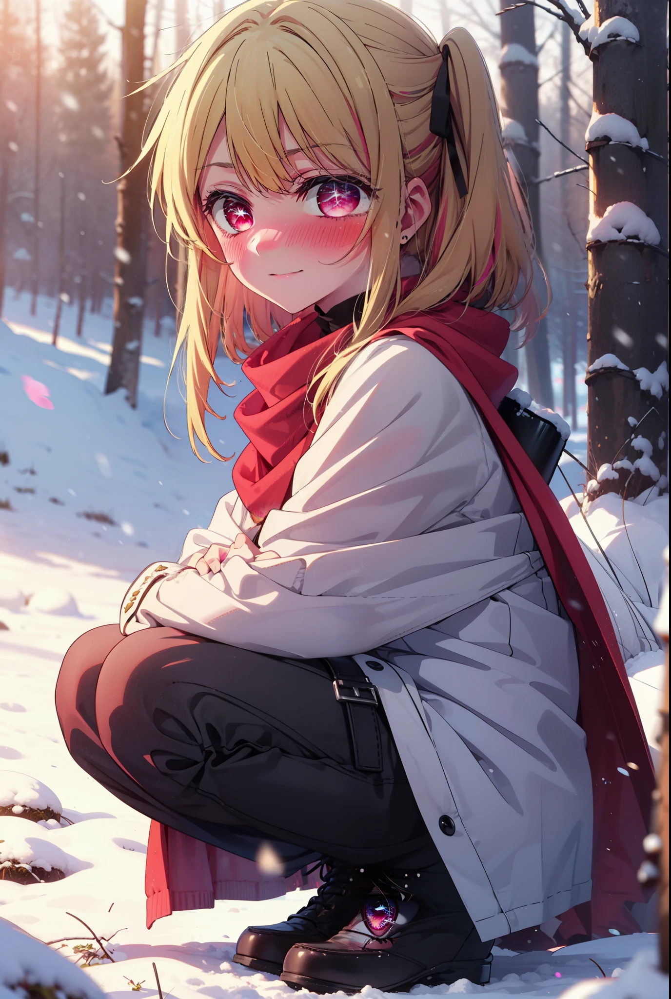 rubyhoshino, Hoshino Ruby, Long Hair, bangs, blonde, (Pink Eyes:1.3), Side Lock, (Symbol-shaped pupil:1.5), Multicolored Hair, Two-tone hair, smile,,smile,blush,white breath,
Open your mouth,snow,Ground bonfire, Outdoor, boots, snowing, From the side, wood, suitcase, Cape, Blurred, , forest, White handbag, nature, Squat, Mouth closed, Cape, winter, Written boundary depth, Black shoes, red Cape break looking at viewer, Upper Body, whole body, break Outdoor, forest, nature, break (masterpiece:1.2), Highest quality, High resolution, unity 8k wallpaper, (shape:0.8), (Beautiful and beautiful eyes:1.6), Highly detailed face, Perfect lighting, Highly detailed CG, (Perfect hands, Perfect Anatomy),