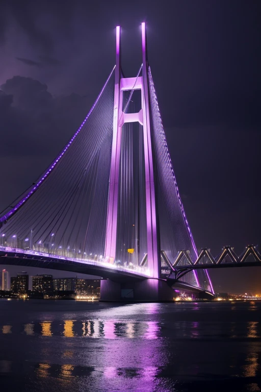 ((best qualityer)), ((work of art)), (detailded)a cable-stayed bridge at night with rain and lightning with purple background