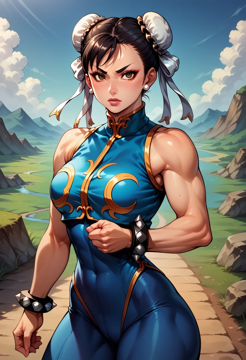 Chun Li, 1girl, aged up, sadistic, AngelMS, solo, large breasts, blurry, blurry background, tech, training, Eyes without light, mind blake, (dollsuit:1.3), ( latex leotard, black leotard:1.3), fingerless glove,