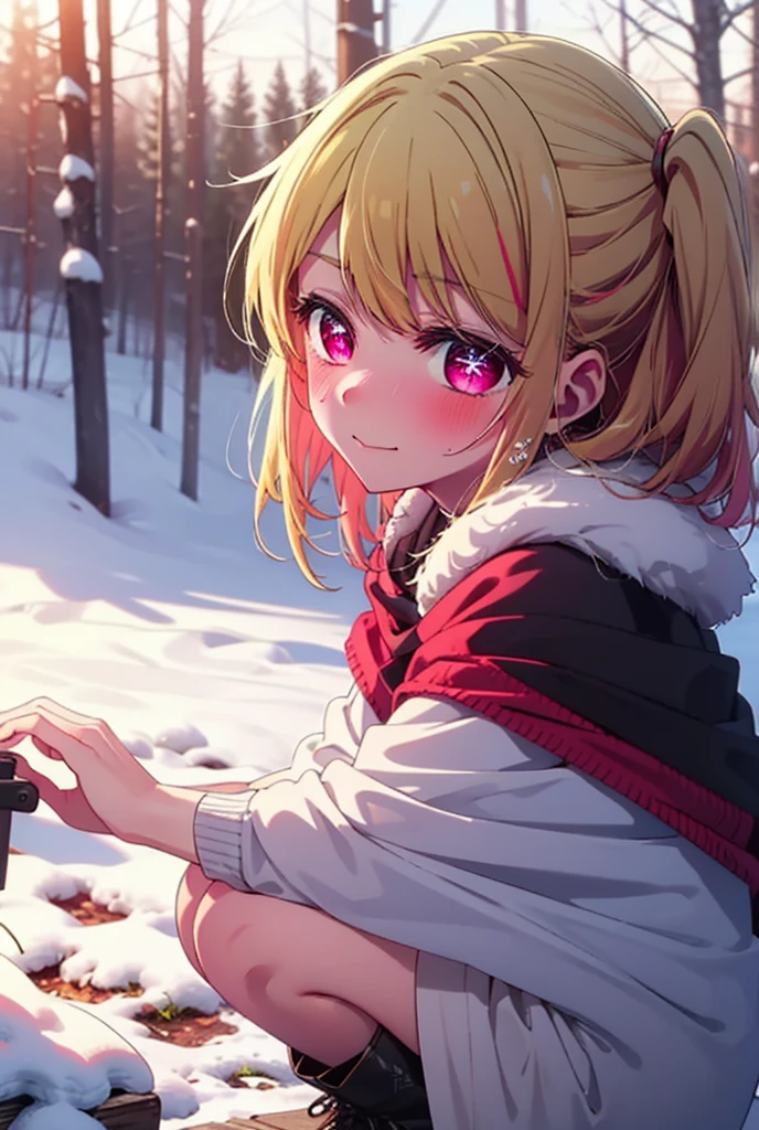 rubyhoshino, Hoshino Ruby, Long Hair, bangs, blonde, (Pink Eyes:1.3), Side Lock, (Symbol-shaped pupil:1.5), Multicolored Hair, Two-tone hair, smile,,smile,blush,white breath,
Open your mouth,snow,Ground bonfire, Outdoor, boots, snowing, From the side, wood, suitcase, Cape, Blurred, , forest, White handbag, nature,  Squat, Mouth closed, Cape, winter, Written boundary depth, Black shoes, red Cape break looking at viewer, Upper Body, whole body, break Outdoor, forest, nature, break (masterpiece:1.2), Highest quality, High resolution, unity 8k wallpaper, (shape:0.8), (Beautiful and beautiful eyes:1.6), Highly detailed face, Perfect lighting, Highly detailed CG, (Perfect hands, Perfect Anatomy),