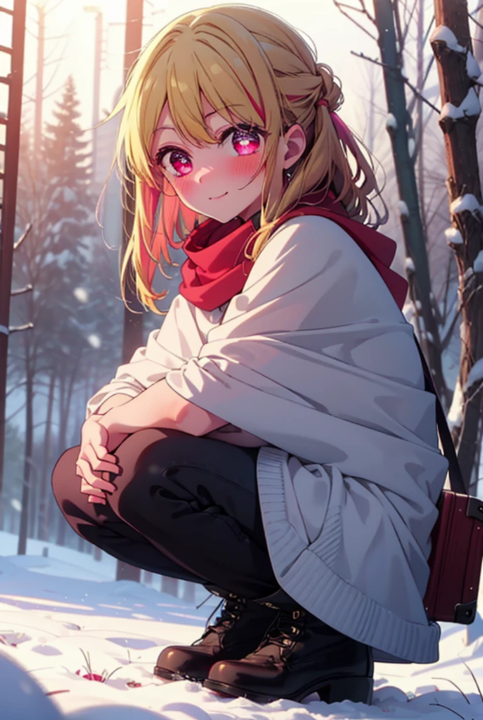 rubyhoshino, Hoshino Ruby, Long Hair, bangs, blonde, (Pink Eyes:1.3), Side Lock, (Symbol-shaped pupil:1.5), Multicolored Hair, Two-tone hair, smile,,smile,blush,white breath,
Open your mouth,snow,Ground bonfire, Outdoor, boots, snowing, From the side, wood, suitcase, Cape, Blurred, , forest, White handbag, nature,  Squat, Mouth closed, Cape, winter, Written boundary depth, Black shoes, red Cape break looking at viewer, Upper Body, whole body, break Outdoor, forest, nature, break (masterpiece:1.2), Highest quality, High resolution, unity 8k wallpaper, (shape:0.8), (Beautiful and beautiful eyes:1.6), Highly detailed face, Perfect lighting, Highly detailed CG, (Perfect hands, Perfect Anatomy),