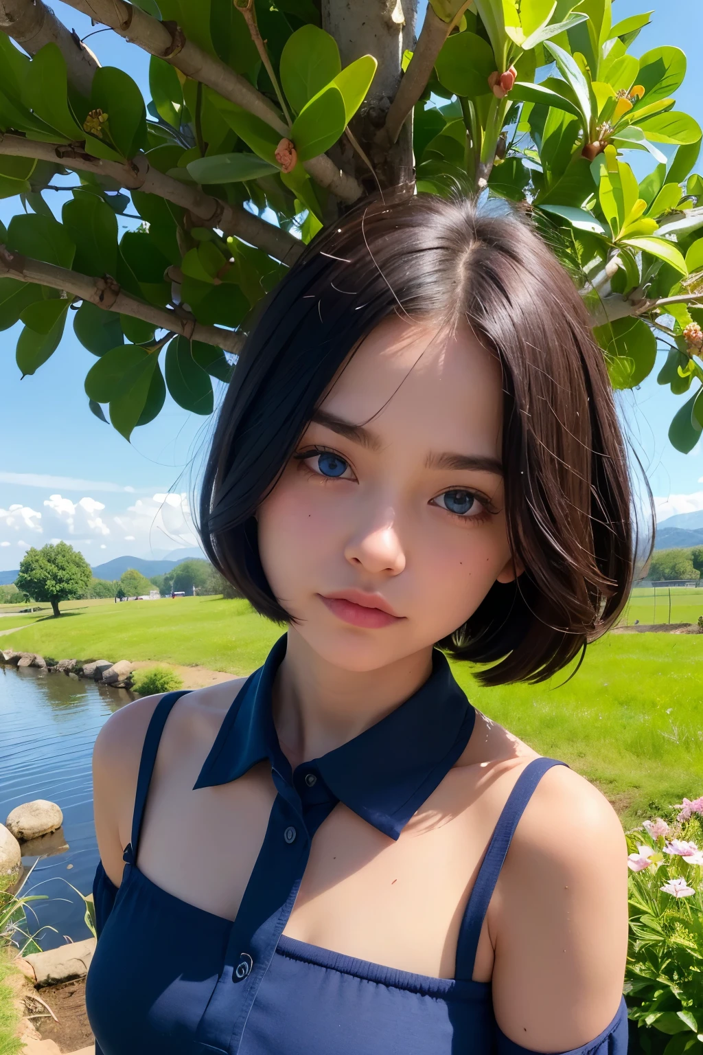 ((Highest quality)), ((masterpiece)), (detailed), , Black Hair,(Childish face), (Bob Hair), Girl, small Breasts, ((topless)), ((Blue eyes)),half-smile ,Sunlight, (extreme_close_up) , riverbank, flower garden,(See-through shirt),(Sheer shirt),