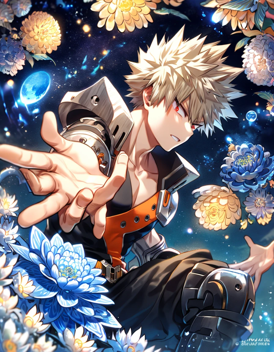 absurdres, highres, ultra detailed, HDR, master piece, best quality, extremely detailed, Bakugou Katsuki, ash-blonde hair, expressive red eyes, Boku No Hero Academia, solo, sexy man, handsome, black hero clothes, fantasy, water, sparkling, blue glittering fireflies, blue moon, blue blossoms, blue chrysanthemums, blue sparkling lights, starry sky, magical