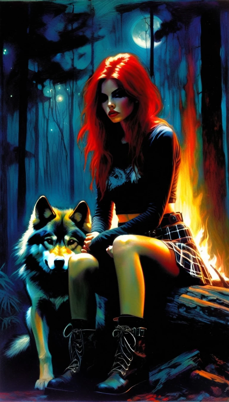 girl and her pet wolf, sexy girl, long red hair, punk look, plaid miniskirt, rope belt, tight t-shirt, sitting next to a bonfire, magic, fantastic, night sky, moon, stars, background, in a thick jungle, oil painting, chiaroscuro, lighting sensual and dramatic, moody atmosphere, dark and melancholic, expressionistic, powerful composition, emotional impact, art inspired by Bill Sienkiewicz