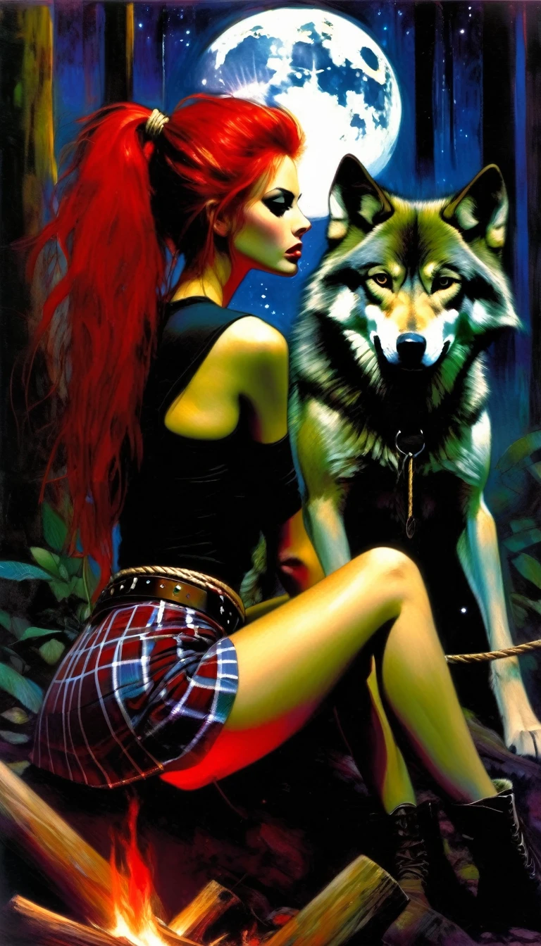 girl and her pet wolf, sexy girl, long red hair, punk look, plaid miniskirt, rope belt, tight t-shirt, sitting next to a bonfire, magic, fantastic, night sky, moon, stars, background, in a thick jungle, oil painting, chiaroscuro, lighting sensual and dramatic, moody atmosphere, dark and melancholic, expressionistic, powerful composition, emotional impact, art inspired by Bill Sienkiewicz