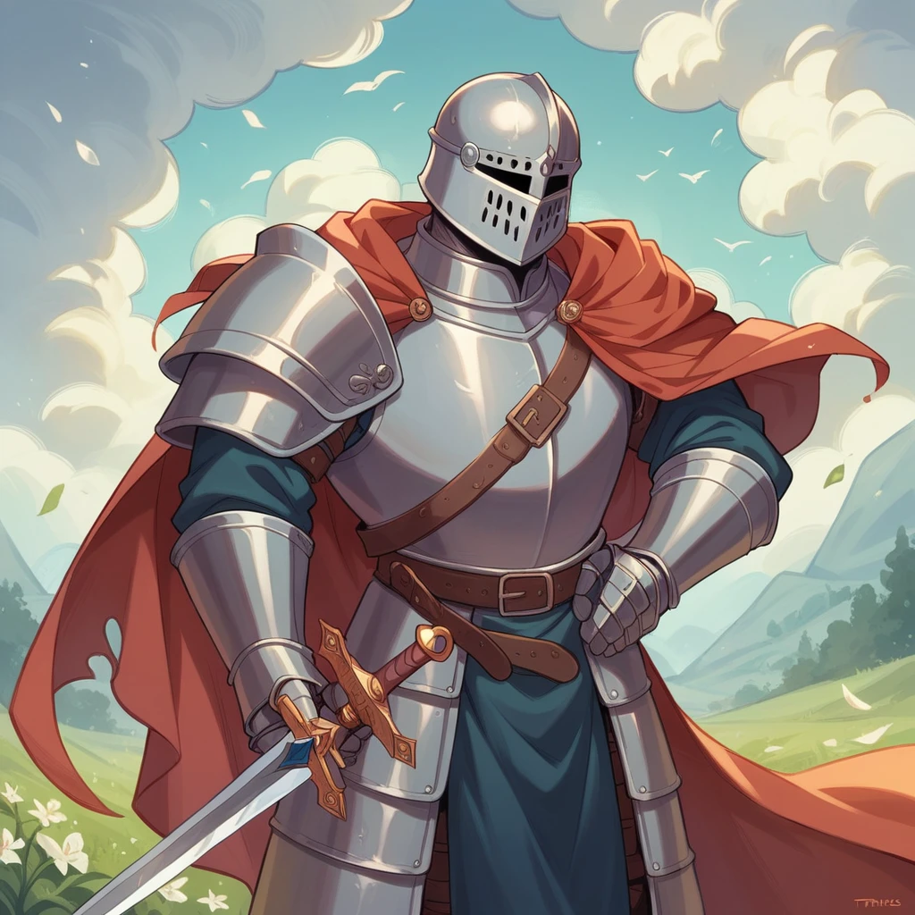 Male knight in reinforced and heavy armor of templar in medieval style, with a Templar helmet and a cape covering her back in a completely desolate and emaciated setting by a medieval warrior, looking at the horizon while holding his sword in his hands