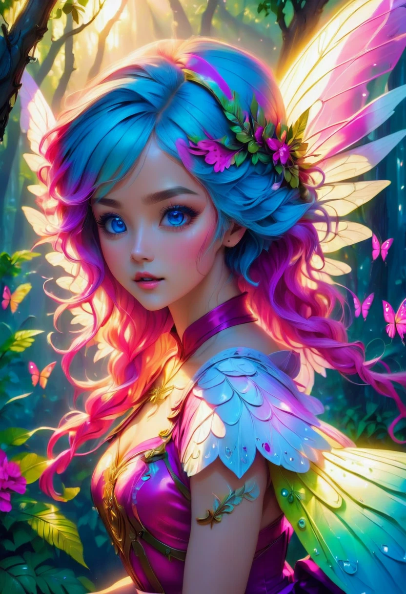 a picture of a jungle fairy, an extraordinary beautiful, elegant beauty, divine beautiful fairy, ((anatomically correct: 1.5)) spread butterfly wings, blue and purple wings, pink eyes, glowing eyes, (ultra detailed face: 1.2), best detailed face,  blond hair, rich hair, wavy hair, glamour dress, wild dress, dress decorated with jungle flowers,  sitting on massive heliconia tree the rain forest, sun rays coming through the trees, Hyperrealism style, vibrant, Ultra-high resolution, High Contrast, (masterpiece:1.5), highest quality, Best aesthetics), best details, best quality, highres, ultra wide angle, 16k, [ultra detailed], masterpiece, best quality, (extremely detailed) RAW, Cinematic Hollywood Film style, FairyTaleAI, fairy wings, 