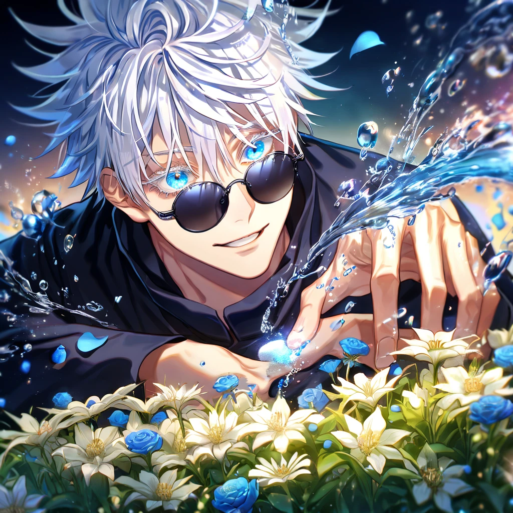 absurdres, highres, ultra detailed, HDR, master piece, Gojou Satoru, white hair with bangs, white eyelashes, expressive blue eyes, hair between the eyes, black shirt, Jujutsu Kaisen, man, handsome, best quality, blue moon, flowers, fantasy, magical, solo, water, blue shining fireflies, blue petals, Jujutsu Kaisen uniform, black round sunglasses, handsome smile