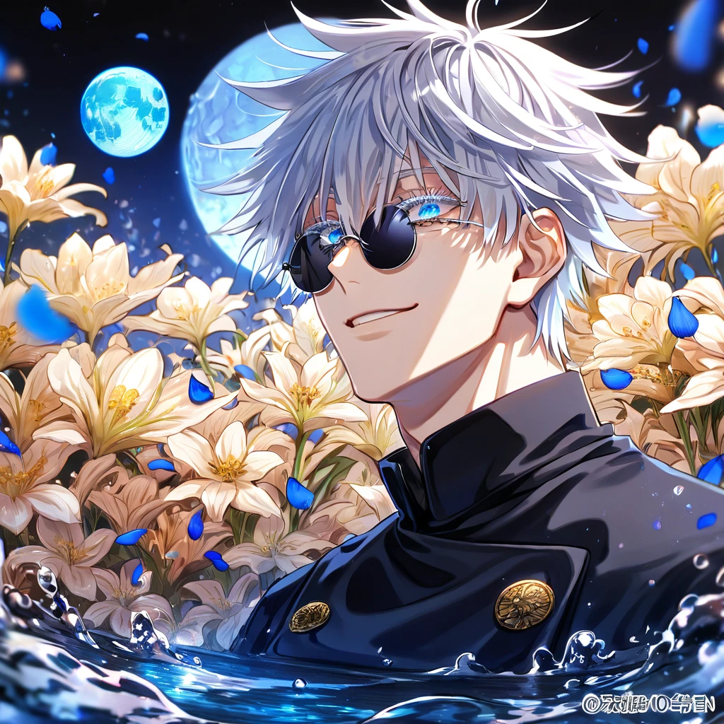 absurdres, highres, ultra detailed, HDR, master piece, Gojou Satoru, white hair with bangs, white eyelashes, expressive blue eyes, hair between the eyes, black shirt, Jujutsu Kaisen, man, handsome, best quality, blue moon, flowers, fantasy, magical, solo, water, blue shining fireflies, blue petals, Jujutsu Kaisen uniform, black round sunglasses, handsome smile