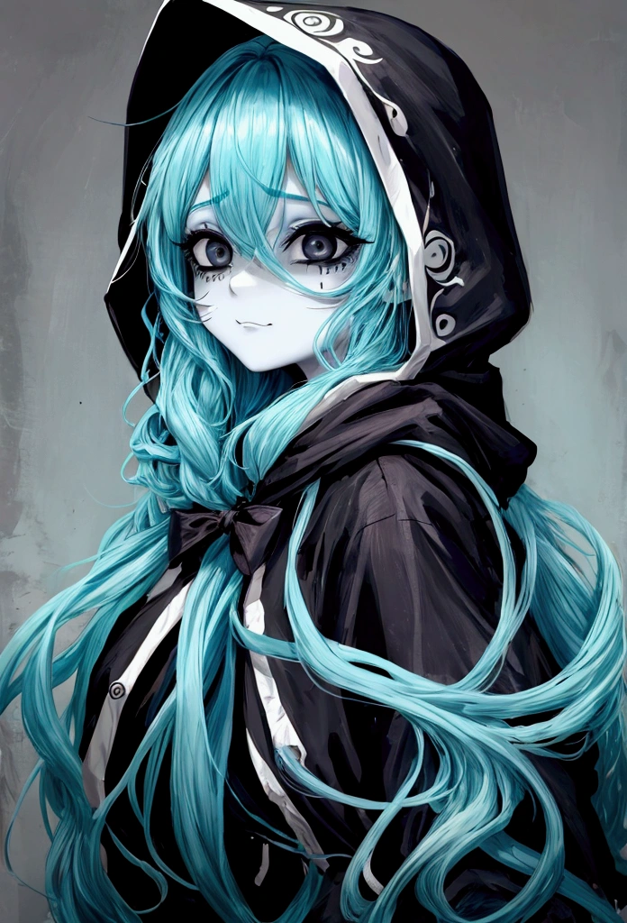 female boogie man with long cyan hair and black eyes with hood ,scary