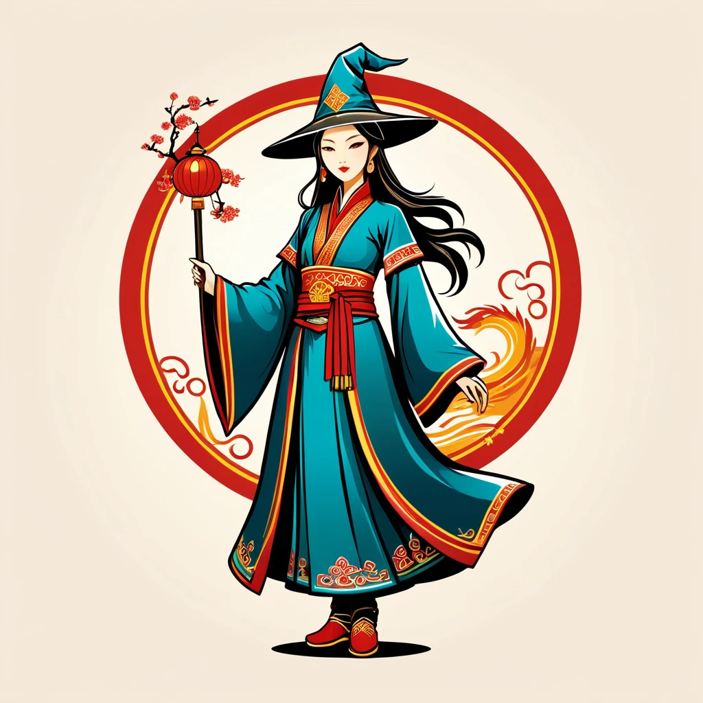 female wizard in chinese folk outfit ,vector graphics, strong contours, logo design