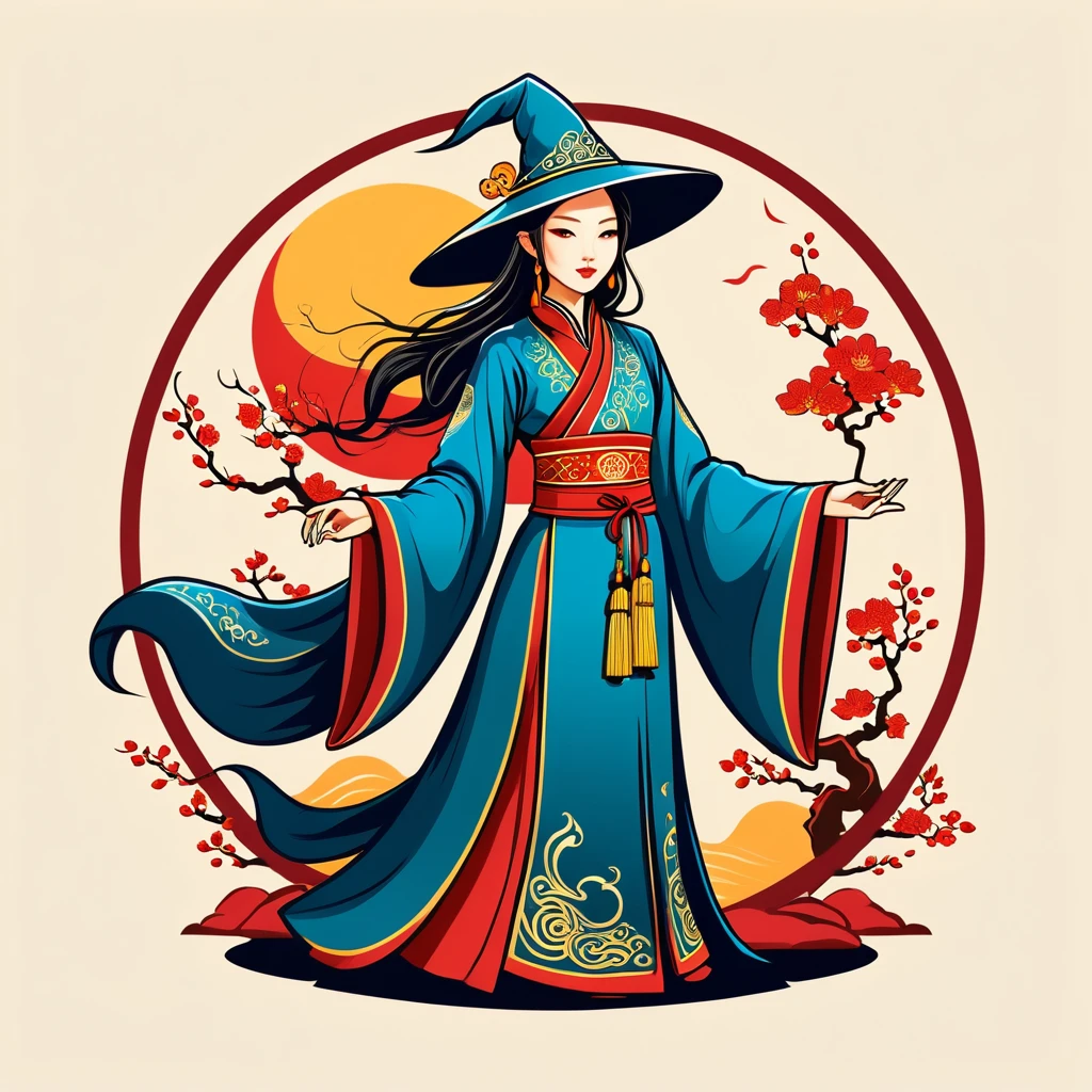 female wizard in chinese folk outfit ,vector graphics, strong contours, logo design