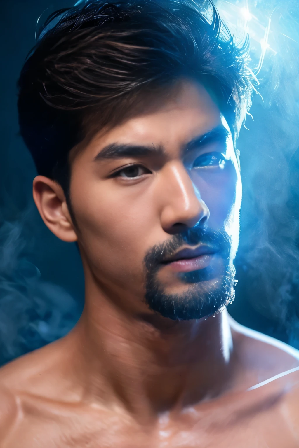 A chinese man with blue mists surrounding his eyes. Hunky, beefy, muscled, wide, hunkt. There's a unnatural diamond-blue glow in his eyes
