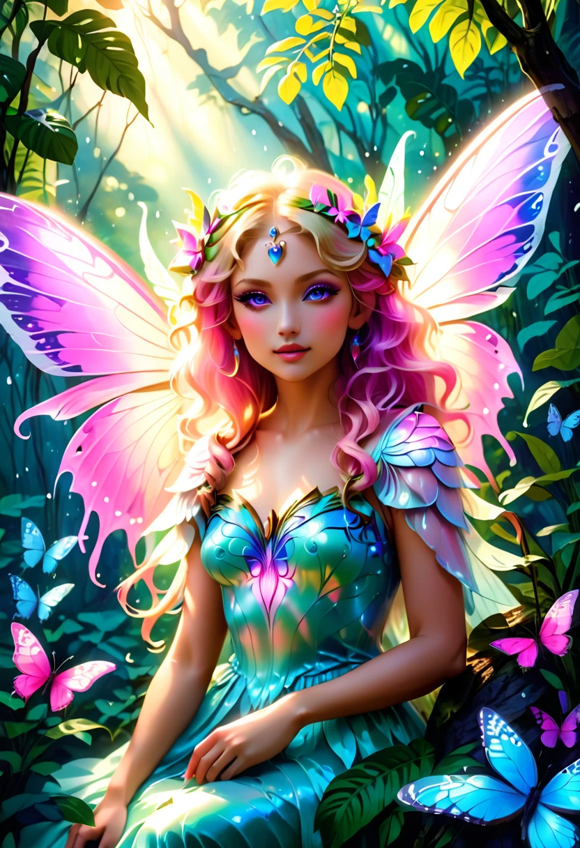 a picture of a jungle fairy, an extraordinary beautiful, elegant beauty, divine beautiful fairy, ((anatomically correct: 1.5)) spread erfly wings, blue and purple wings, pink eyes, glowing eyes, (ultra detailed face: 1.2), best detailed face,  blond hair, rich hair, wavy hair, glamour dress, wild dress, dress decorated with jungle flowers,  sitting on massive heliconia tree the rain forest, sun rays coming through the trees, Hyperrealism style, vibrant, Ultra-high resolution, High Contrast, (masterpiece:1.5), highest quality, Best aesthetics), best details, best quality, highres, ultra wide angle, 16k, [ultra detailed], masterpiece, best quality, (extremely detailed) RAW, Cinematic Hollywood Film style, FairyTaleAI, fairy wings, 