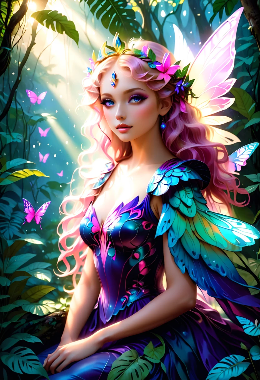 a picture of a jungle fairy, an extraordinary beautiful, elegant beauty, divine beautiful fairy, ((anatomically correct: 1.5)) spread butterfly wings, blue and purple wings, pink eyes, glowing eyes, (ultra detailed face: 1.2), best detailed face,  blond hair, rich hair, wavy hair, glamour dress, wild dress, dress decorated with jungle flowers,  sitting on massive heliconia tree the rain forest, sun rays coming through the trees, Hyperrealism style, vibrant, Ultra-high resolution, High Contrast, (masterpiece:1.5), highest quality, Best aesthetics), best details, best quality, highres, ultra wide angle, 16k, [ultra detailed], masterpiece, best quality, (extremely detailed) RAW, Cinematic Hollywood Film style, FairyTaleAI, fairy wings, 