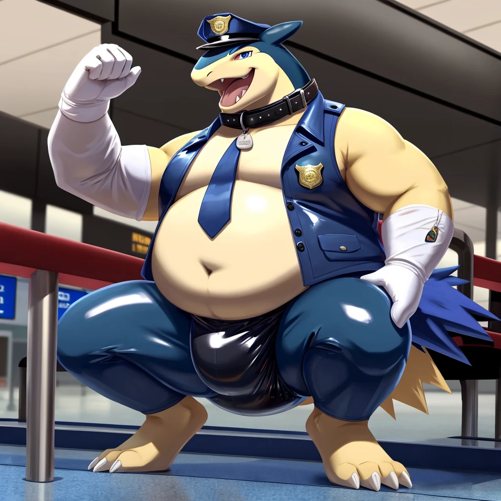 Solo, Male, fat, squatting, extremely obese, gentleman, dapper Typhlosion, pooping in diaper, blue eyes, (soft shading), 4k, hi res, ((detailed face, detailed)), looking at viewer, evil grin, Airport, TSA, TSA Uniform, collared shirt with buttons, hat, male focus, Police Uniform, glasses, monocle, vest with buttons, sleeves rolled up, round eyewear, headwear, vest, Typhlosion is wearing a glossy leather dog collar around the neck, Typhlosion is wearing the leather collar and shirt and vest at the same time, Typhlosion is wearing glossy white rubber gloves on the hands, wearing white rubber gloves on the feet, gloves are rubber in texture, mouth wide open, evil laugh, clenching fists, leather collar is glossy and shiny with a lot of detail, Typhlosion is wearing gloves and leather collar at the same time, leather collar has a round dog-tag, leather collar is thick and detailed, white rubber gloves on the feet, Typhlosion is wearing gloves and leather collar at the same time, leather collar has a round dog-tag, leather collar is thick and detailed, leather collar is glossy and shiny, fancy clothing, dapper vest, dapper shirt, leather collar is thick, glossy leather collar, Typhlosion is wearing a dirty diaper