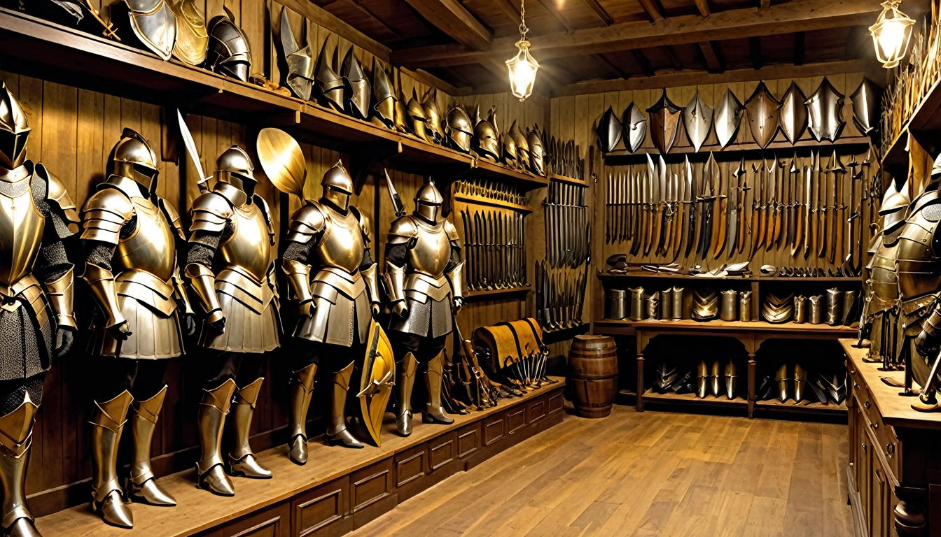 ((masterpiece)), ((ultra-hd)), ((best quality)), a classic Armor and weapons shop from the 1700s, Fantasy Armor and weapon shop