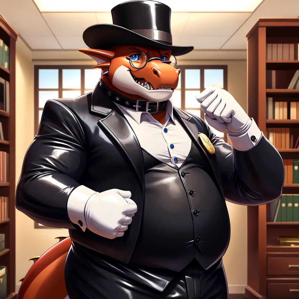 Solo, Male, fat, extremely obese, gentleman, dapper Professor Dragon, mob boss, blue eyes, (posing:1.3), (soft shading), 4k, hi res, ((detailed face, detailed)), looking at viewer, mouth wide open, dapper clothing, collared shirt with buttons, bowler hat, male focus, Explorer Outfit, glasses, monocle, vest with buttons, sleeves rolled up, round eyewear, brown headwear, brown vest, office, Dragon is wearing a glossy leather dog collar around the neck, Dragon is wearing the leather collar and shirt and vest at the same time, Dragon is wearing glossy white rubber gloves on the hands, wearing white rubber gloves on the feet, gloves are rubber in texture, clenching teeth, clenching fists, leather collar is glossy and shiny with a lot of detail, Dragon is wearing gloves and leather collar at the same time, leather collar has a round dog-tag, leather collar is thick and detailed, leather collar is glossy and shiny, fancy clothing, dapper vest, dapper shirt, leather collar is thick, glossy leather collar, dapper leather collar.