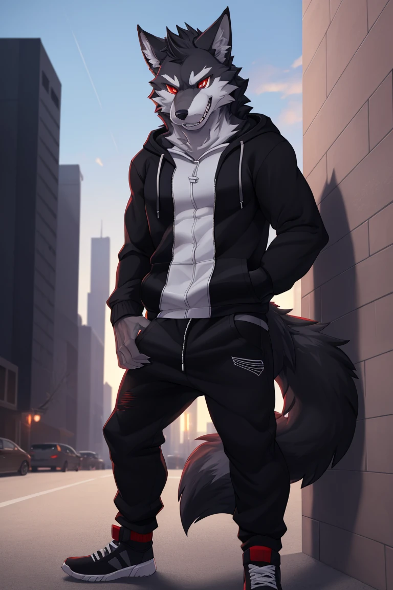 (4k , ultra detailed , flat colored)Furry werewolf , black wolf，Wear a black zip up hoodie，((hoodie is open)) , dark grey pants , wolf tail , 1tail , tail on waist , malicious grin , blood red eyes , standing over a building ledge