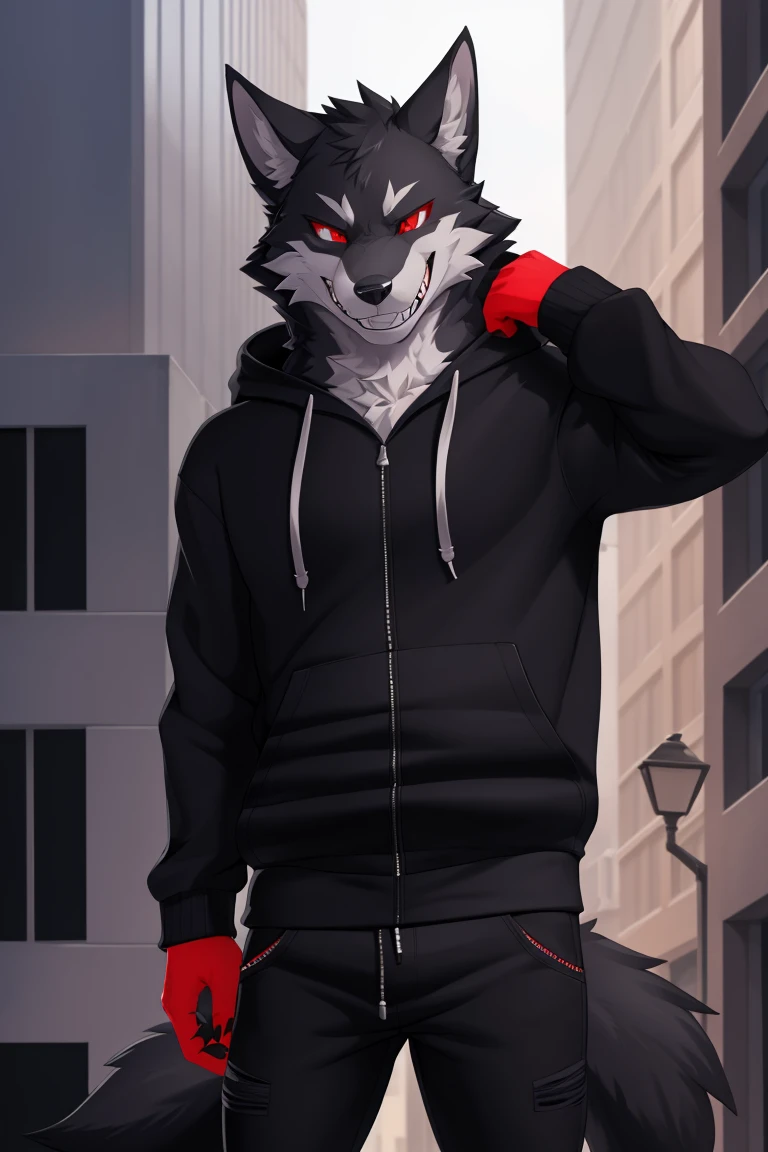 (4k , ultra detailed , flat colored)Furry werewolf , black wolf，Wear a black zip up hoodie，((hoodie is open)) , dark grey pants , wolf tail , 1tail , tail on waist , malicious grin , blood red eyes , standing over a building ledge