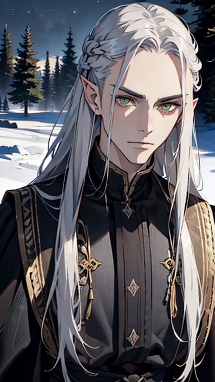 Masterpiece, high quality, Single man, Ethereal, handsome, masculine, broad shoulders, portrait, two metres long silver hair, straight hair, no braid, hair cascades down the ankles, show forehead, high cheekbones, hollow cheeks, white eyebrows, extremely yellow skin, pointy ears, green eyes, colorful, black colors, wearing a black mage's uniform, wearing a black robe, The face is smug, arrogant, juniper tree in the background, night time, juniper tree, Rich in color, close-up shot, bust photo, do not show hand, Look at viewer.