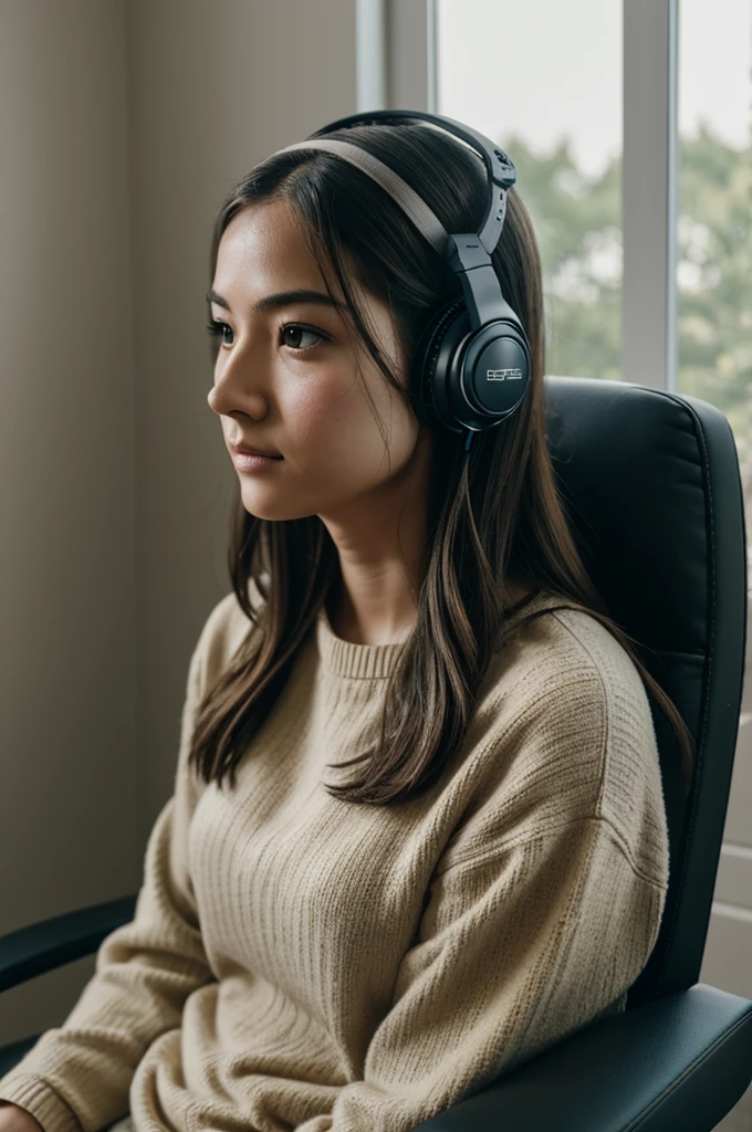 be at home, No headphones, inside, (evening), cozy home, Sitting in a gaming chair, (convenient), skin texture with 30G perky visible under clothing, film grain, close up, ultra high resolution, best shadow, raw, InstagramLUT. plano general, shot from afar