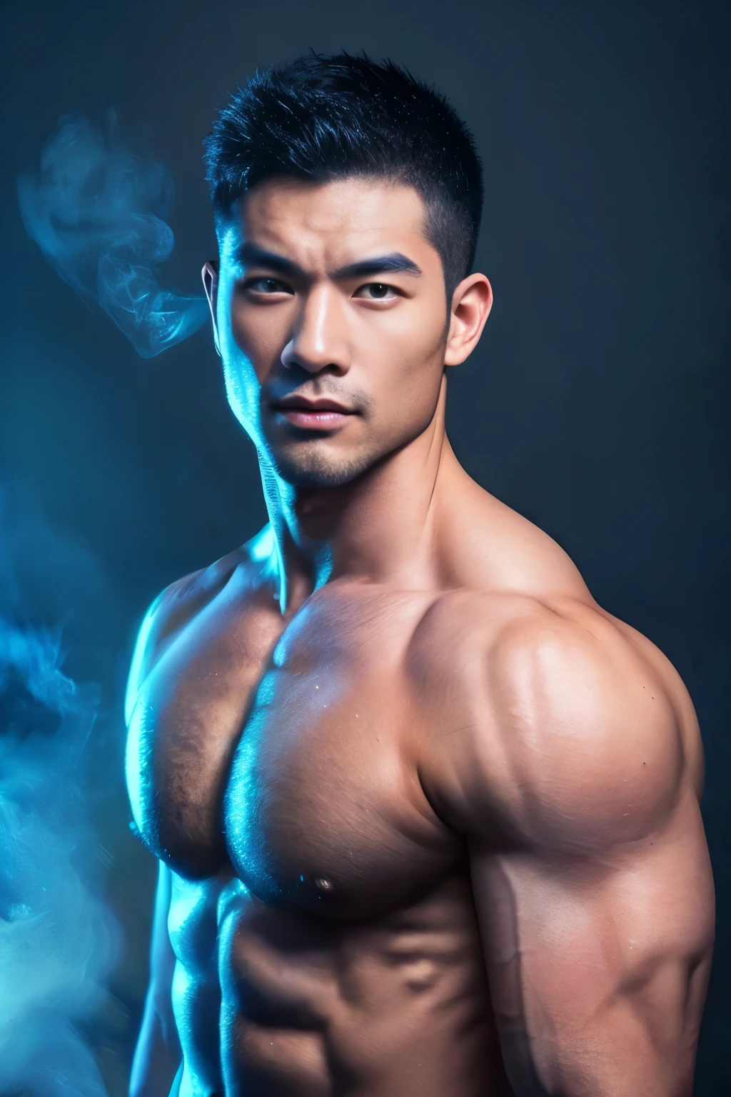 A chinese man with blue mists surrounding his eyes. Hunky, beefy, muscled, wide, hunk, muscularchestandsix packs. There's a unnatural diamond-blue glow in his eyes