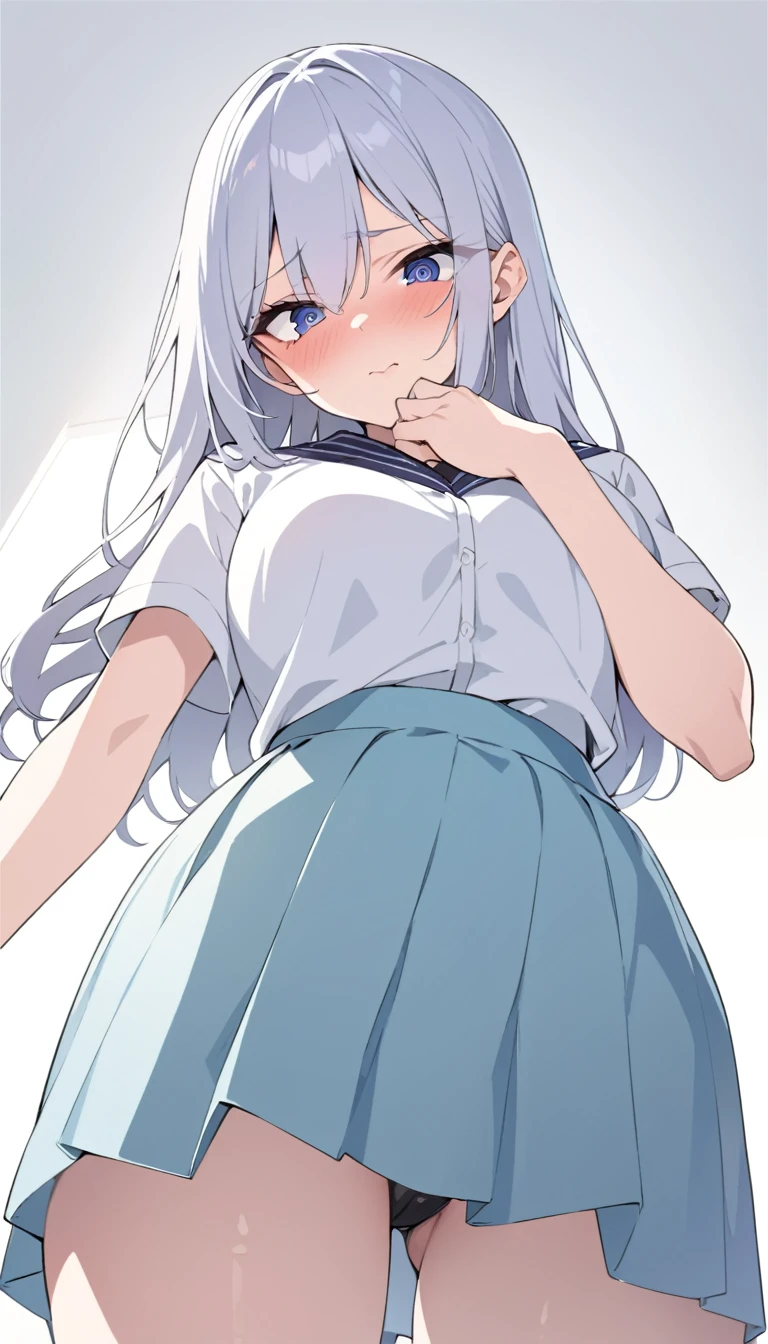 masterpiece, High resolution, perfect face, Japan beauties, 30 years old, beautiful face, white background, high school student, skirt, embarrassed look, look at the camera, (top quality eyes), detailed texture, Look at me, Married woman, cool women, ((high resolution eyes)), hentai, from below angle