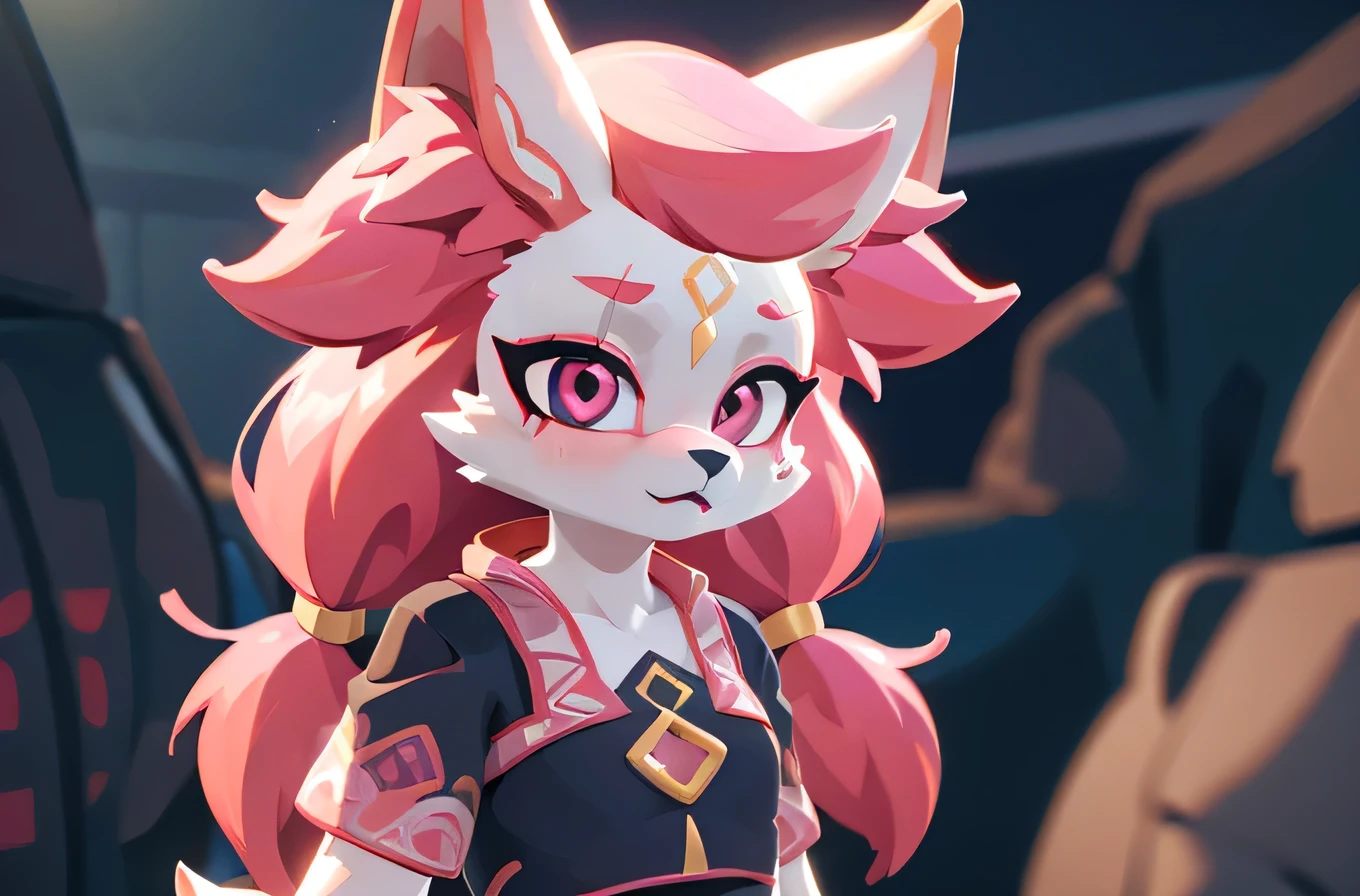 kimiko, furry female anthro, fox girl, white body fur, Pink hair, solo, body fur, (best quality), cinematic lighting, masterpiece, perfect hair, heart