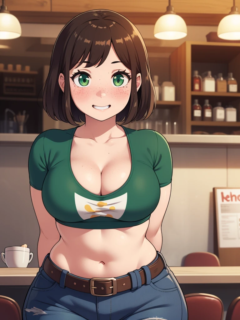 ((highres)), Masterpiece, high quality, best quality, beautiful, perfect lighting, detailed face, ultra cute face, ((1girl)), ((solo), medium brown hair, (fluffy hair), green eyes, freckles, ((blush)), affectionate smile, looking at viewer, cafe, daytime, hands behind back, crop top, jeans, belt, (medium breasts), cleavage, perky breasts, ((wide hips)),