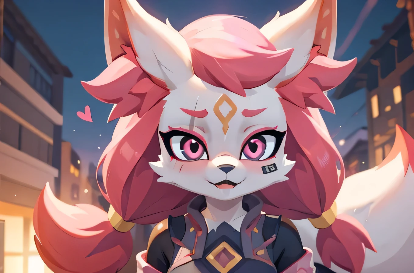 kimiko, furry female anthro, fox girl, white body fur, Pink hair, solo, body fur, (best quality), cinematic lighting, masterpiece, perfect hair, heart