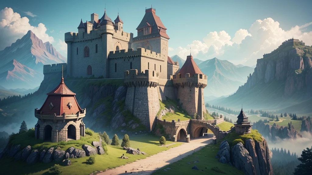 "Create an image of the fortress and castle of the Dragon Clan. The fortress should be imposing and well-defended, with high stone walls, guard towers, and dragon-shaped battlements. The castle, situated at the heart of the fortress, should be grand and majestic, with multiple towers, intricate dragon carvings, and a large, ornate gate. The setting should include surrounding mountains and lush forests, with a few dragons seen flying or perched on the towers. The atmosphere should be regal and awe-inspiring, showcasing the strength and pride of the Dragon Clan."