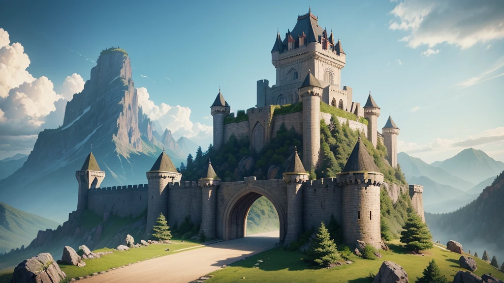 "Create an image of the fortress and castle of the Dragon Clan. The fortress should be imposing and well-defended, with high stone walls, guard towers, and dragon-shaped battlements. The castle, situated at the heart of the fortress, should be grand and majestic, with multiple towers, intricate dragon carvings, and a large, ornate gate. The setting should include surrounding mountains and lush forests, with a few dragons seen flying or perched on the towers. The atmosphere should be regal and awe-inspiring, showcasing the strength and pride of the Dragon Clan."