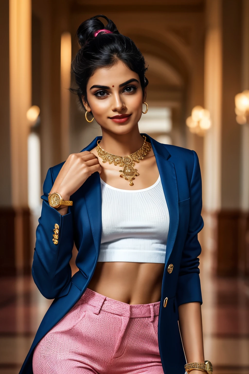 ultrarealistic photography, incredible detailing, high quality, beautiful Tamil girl, sleek chick, (brief smirk:1.6), intricate detailed beautiful mesmerizing eyes, pink lips, no wrinkles no pimples face, ponytail black hair, wearing pink shirt blue pants blue open blazers high heels, carrying trolley suitcase, wrist watch earrings thin necklace, sharp focus on girl, full body head to toe show, wide angle, Nikon 850D, photorealistic, photorealism, UHD image, 4k, 8k, 16k, zeta pixel image cinematic effects, ornate, hyper maximalist, meticulous detailing of faces, hyper realistic background