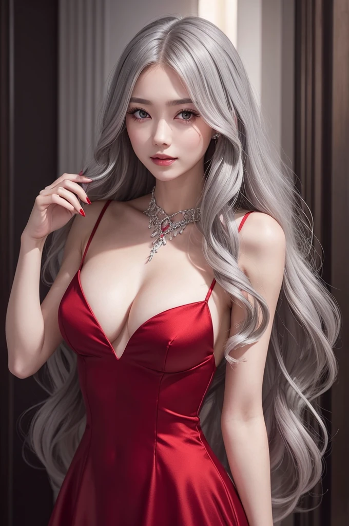  delicate with long gray hair, split in the middle, wavy and with a long red dress at the masquerade ball along with some accessories 