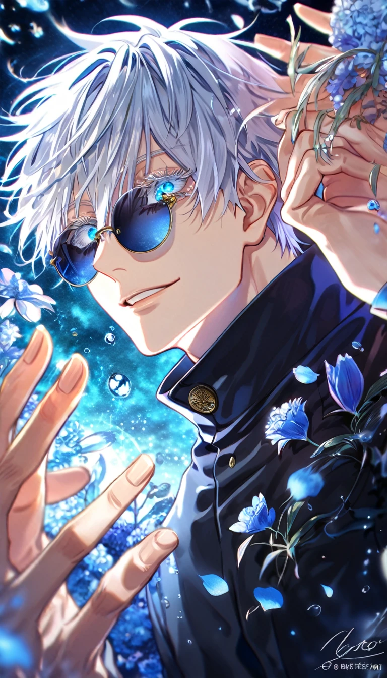 absurdres, highres, ultra detailed, HDR, master piece, Gojou Satoru, white hair with bangs, white eyelashes, expressive blue eyes, hair between the eyes, black shirt, Jujutsu Kaisen, man, handsome, best quality, blue moon, flowers, fantasy, magical, solo, water, blue shining fireflies, blue petals, Jujutsu Kaisen uniform, black round sunglasses, handsome smile